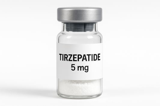 Tirzepatide 5 mg Peptide Vial with white peptide in it